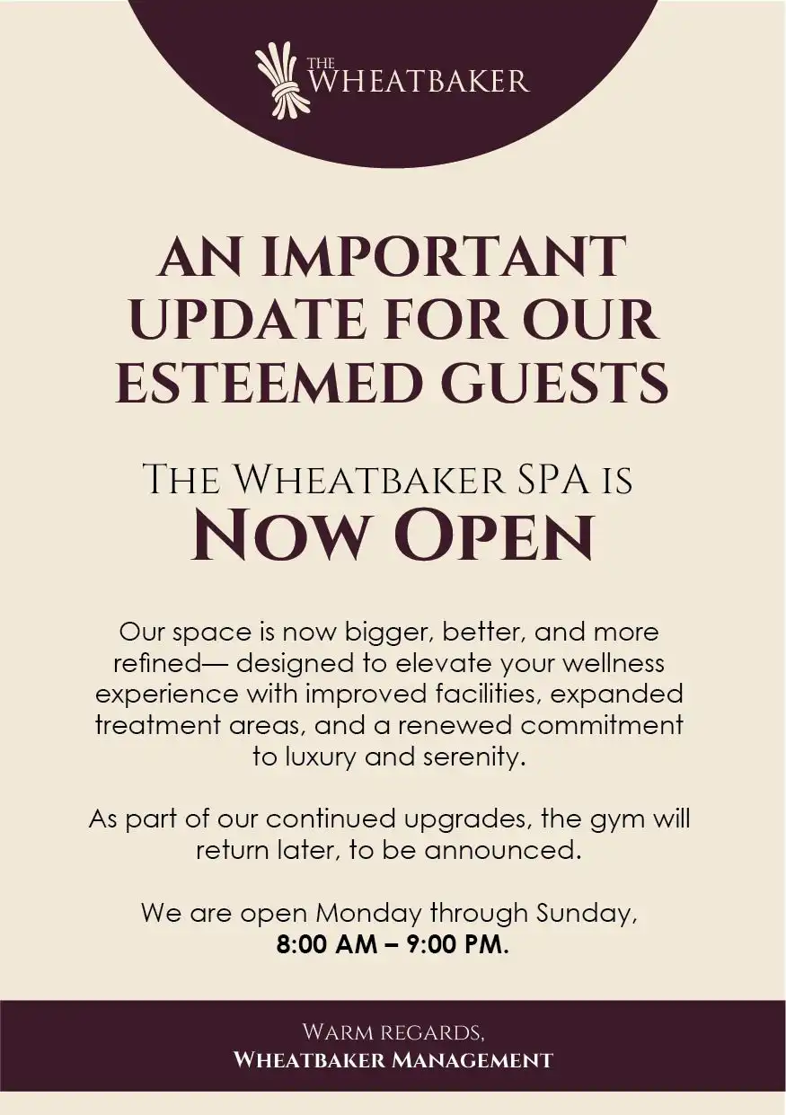 spa notice, the wheatbaker spa, gym notice, swimming pool notice, the wheatbaker lagos